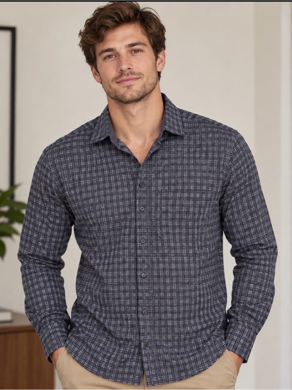 Bugatchi Shirt Mens XL Shaped Fit Blue Check Geometric Long Sleeve 100% Cotton
